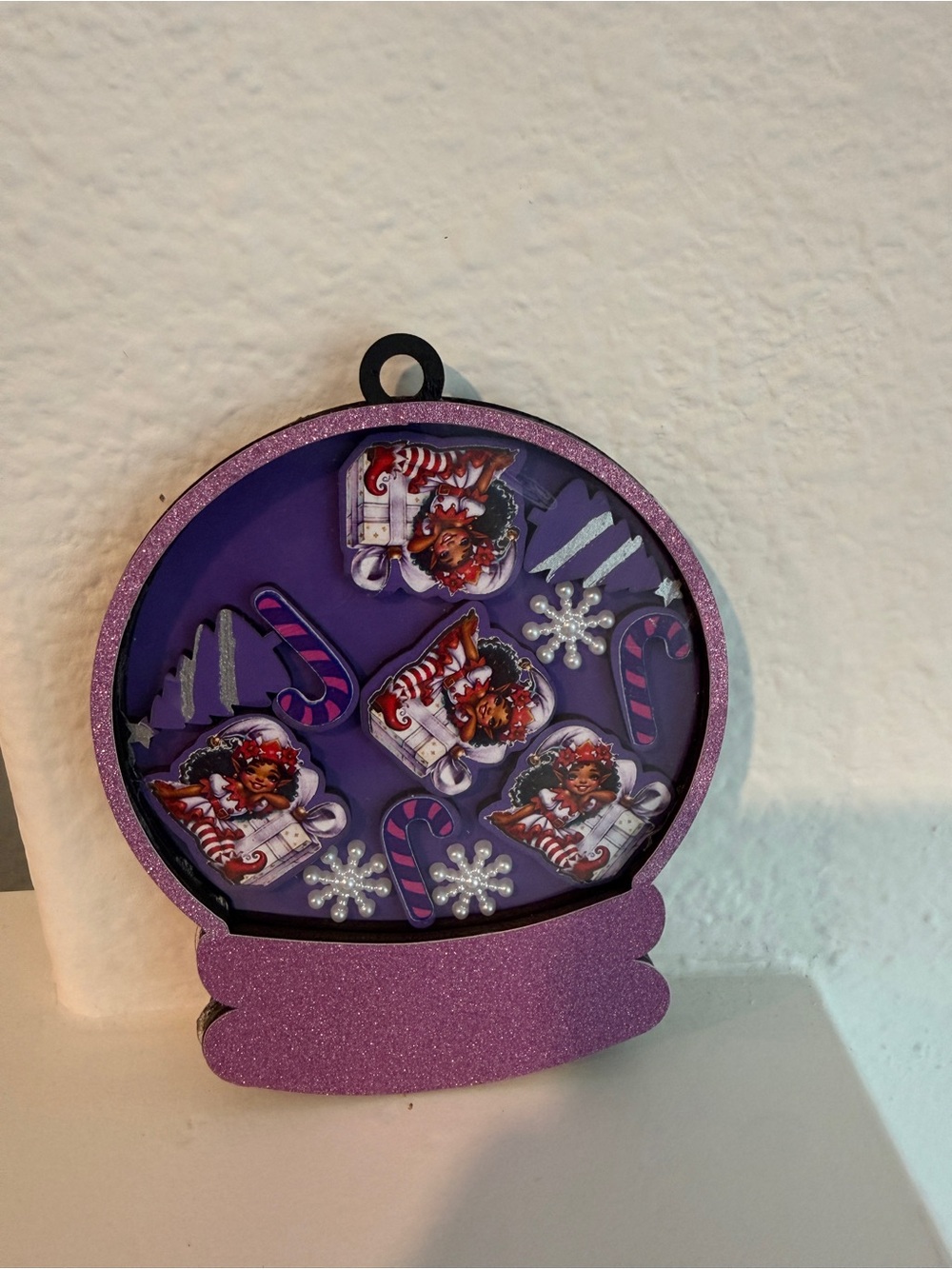 Purple Glitter Snow Globe Ornament , - Holiday Candy & Elf Design